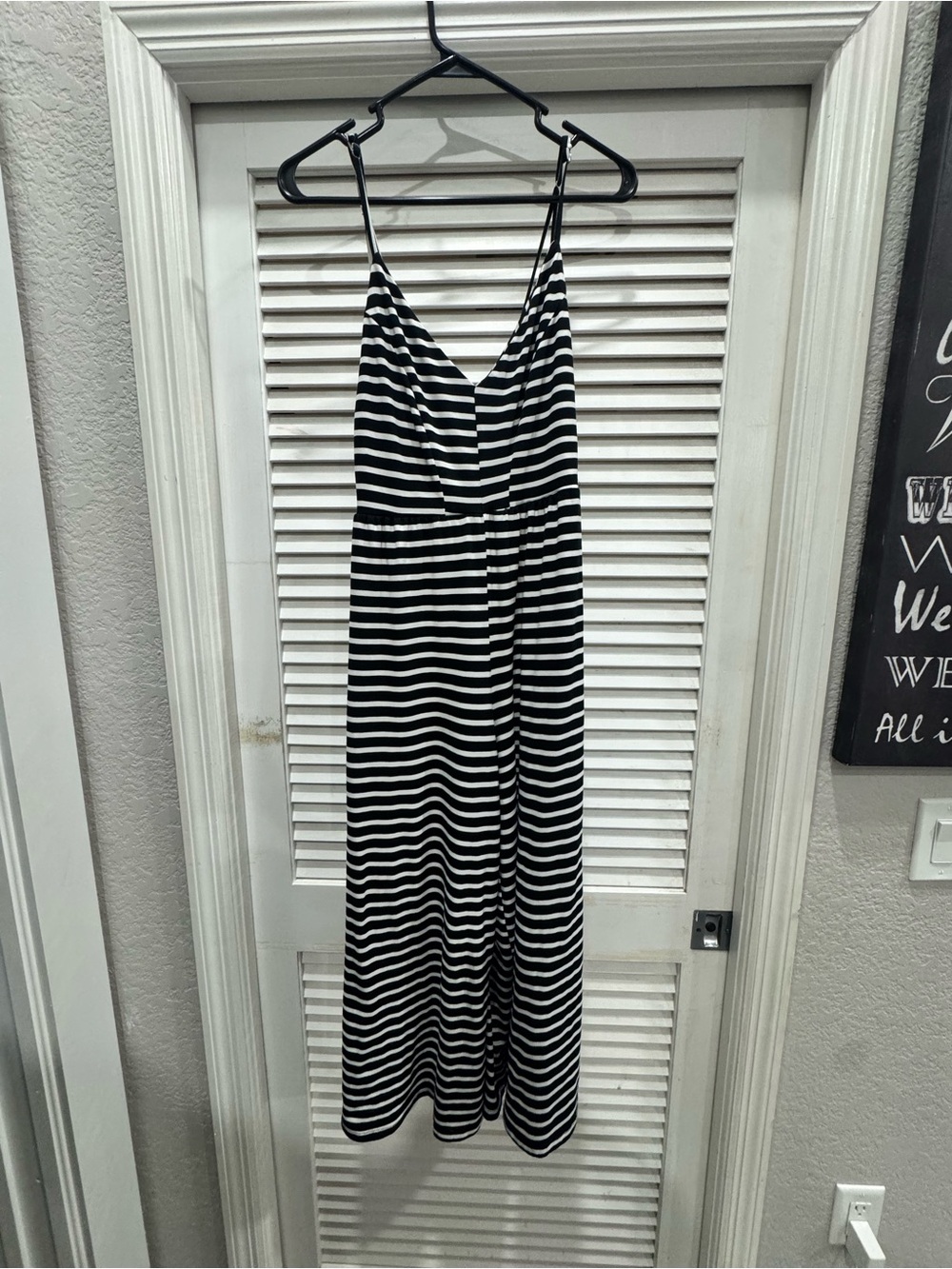 Poof! Black and White Striped Spaghetti Strap wide legged Romper